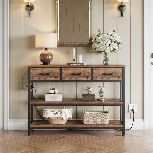 Lulive Entryway Table with Power Outlets, Console Table with 3 Fabric Drawers, Sofa Table for Living Room, Hallway, Couch, Foyer, Height Adjustable (Rustic Brown, 43") - color: Rustic Brown, size: 1-Pack 43 inches