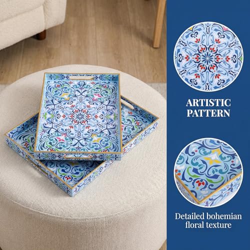 Hiceeden Set of 2 Boho Floral Serving Tray with Handles, 15.7" x 11.8" Decorative Plastic Ottoman Tray, Modern Large Coffee Table Server for Living Room, Bathroom, Kitchen, Rectangle, Blue