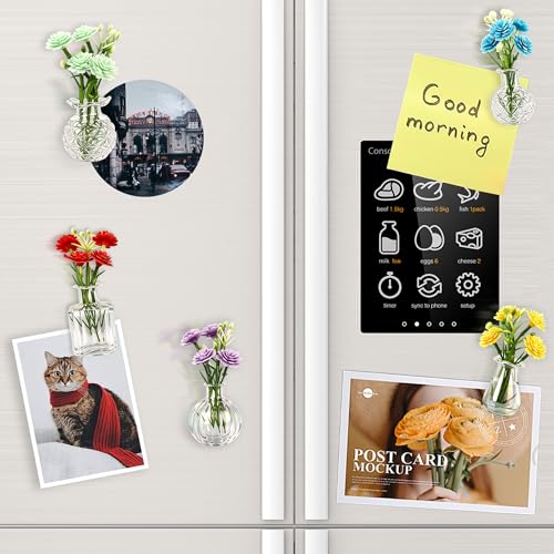ZOYVUX Cute Mini Vase Magnets for Fridge, Tiny Plant Glass Vases with Flowers, Magnetic Refrigerator Decor for Kitchen, Office, Locker (5 Pack)