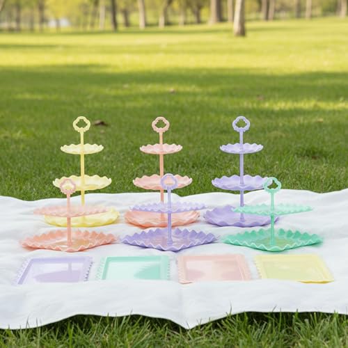 Pack of 10 NWK Cake Stand Set, with 3 x Two-Tier and 3 x Three-Tier Cupcake Stands, 4 x Appetizer Trays, 1 x Tablecloth for Birthday Bridal Baby Shower Party (Colorful) - color: Colorful