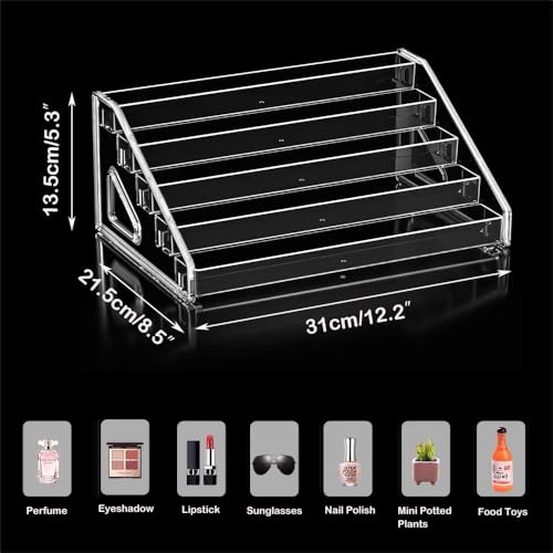 5 Tier Acrylic Display Stand Organiser with Fences, No Assembly Perfume Stand Organiser, Clear Display Shelf for Home, Office, Retail for Funko Figures Toys Cupcake Food, Cologne, Cosmetics, Storage