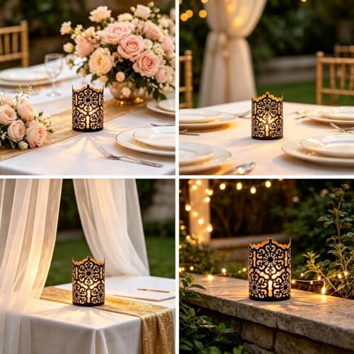 Hosley Set of 3 Black Metal Candle Holders 4 Inch High - Lattice Cut Lanterns for Table Centerpiece, Wedding, Home Decor, Indoor Outdoor - color: Black 3 Pack, size: 4 inch High