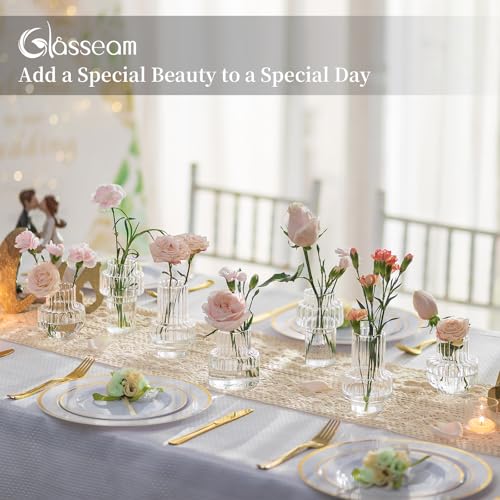 Glasseam Glass Bud Vases for Centerpieces: 4Pcs Clear Small Vase for Flowers Wedding Table Centerpieces - Modern Mini Decorations for Cute Vintage Home Living Room Decor - color: Clear- Wide Ribbed