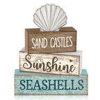 Yuntau 4 Pcs Summer Decorations for Home Shells Wooden Tabletop Decor Summer Tiered Tray Decor Rustic Wood Block Sign Gift Centerpiece Farmhouse Table for Shelf Office - style: Shells