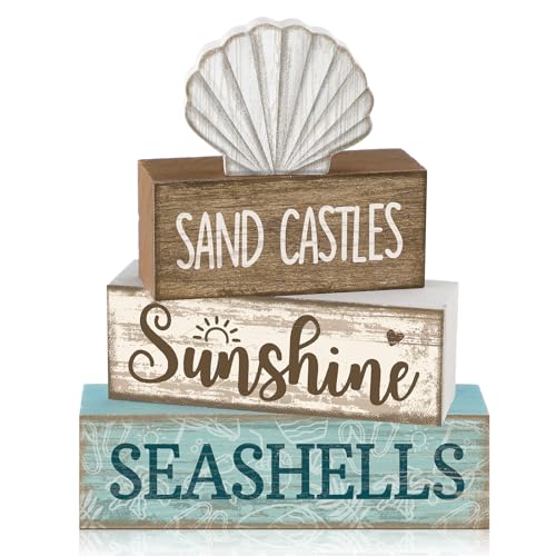 Yuntau 4 Pcs Summer Decorations for Home Shells Wooden Tabletop Decor Summer Tiered Tray Decor Rustic Wood Block Sign Gift Centerpiece Farmhouse Table for Shelf Office - style: Shells