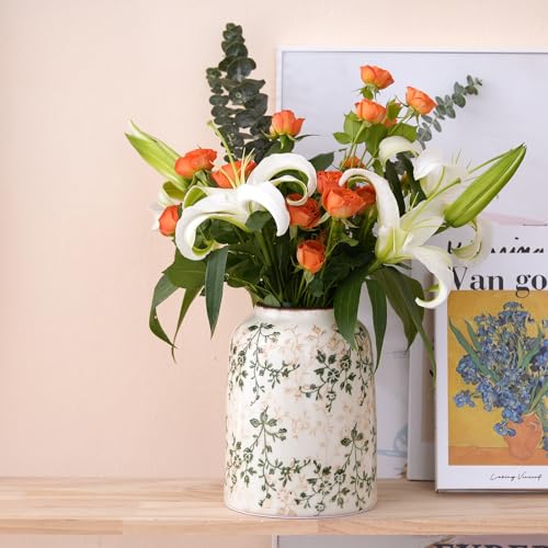 Green Vintage Vase, Chinoiserie Floral Vases, Retro Ice Cracked Ceramic Large Vases for Home Decors, Living Room, Bookshelf, Office, Grand Millennial Decor, Chinoiserie Decors, Tuscan Decor- 7.8 Inch - color: D12