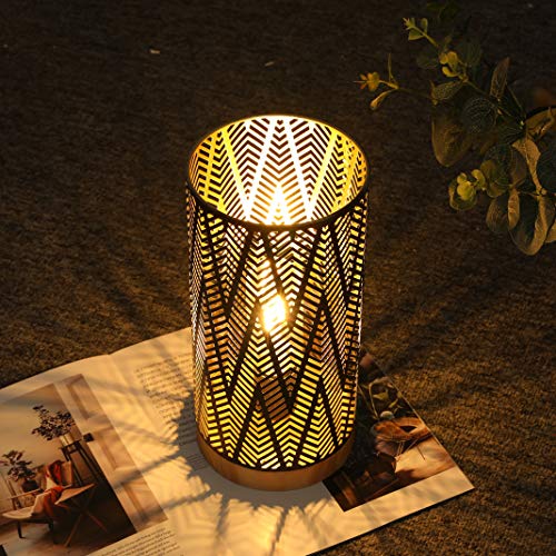 JHY DESIGN Metal Lamp Battery Powered 11''H Accent Cordless Decor Battery Lamp with 6-Hours Timer for Weddings Party Patio Garden Indoor Outdoor Table Balcony Christmas Decorations (with Wooden Base) - color: Lightning Linear Patterned