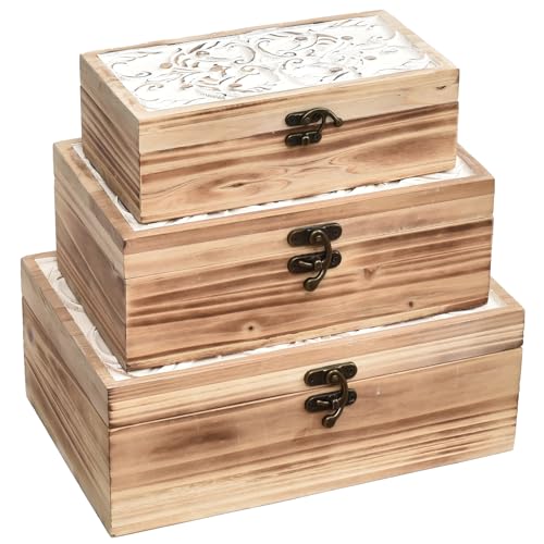 DECOR4SEASON Wooden Box Set of 3 - Rustic Farmhouse Decorative Boxes with Hinged Lid and Carved Design - color: White&Brown, size: S&M&L