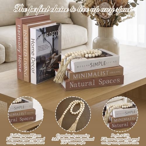 Menkxi 6 Aesthetic Decorative Books Set with Tassel Wood Bead Coffee Table Decor Faux Books with Simple Design for Modern Home Decor Inspired Living Decoration Photo Storage and As a Keepsake Box - style: Simple