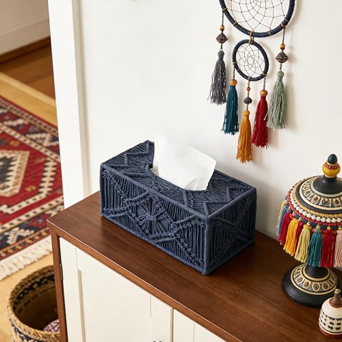 Woven Macrame Boho Tissue Box Cover Rectangular for Home Decor,Resin Heavy Woven Tissue Box Holder for Bathroom Kitchen Countertop,Bedroom, Vanity, Night Stand, Office, Waterproof Durable (Blue) - color: Boho Blue