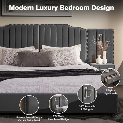 Luxury Queen Size Bed Frame with LED Lights and Nightstands, Modern Velvet Upholstered Platform Bed Frame with Oversized Headboard, Buttons Around, No Box Spring Needed, Grey | Breathable material - color: Grey-velvet, size: Queen