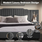Luxury Queen Size Bed Frame with LED Lights and Nightstands, Modern Velvet Upholstered Platform Bed Frame with Oversized Headboard, Buttons Around, No Box Spring Needed, Grey | Breathable material - color: Grey-velvet, size: Queen