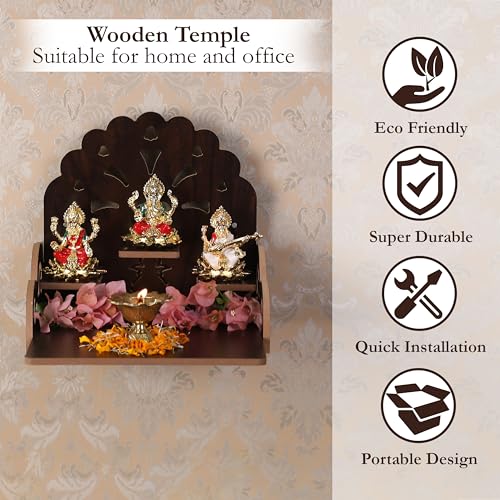 Wooden Wall Mounted Hanging Puja Temple|God Stand for Pooja Room Mandir| Devghar Stand Temple| Home Temple|Table Top Mandir |Home Wall Temple Waterproof - size: Tristand Wooden Temple
