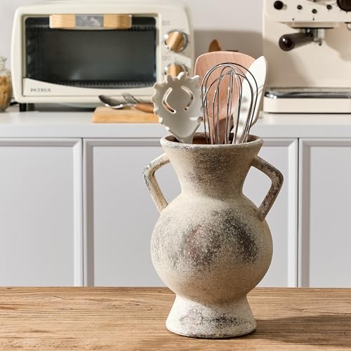 LUKA Antique Ceramic Vase with 2 Handle,9.25 inches Rustic Vase Minimalist Decor, Decorative Vases for Home Decor, Table, Living Room, Shelf, Christmas Decoration(Large,Gray) - color: L-gray(9.25 In)