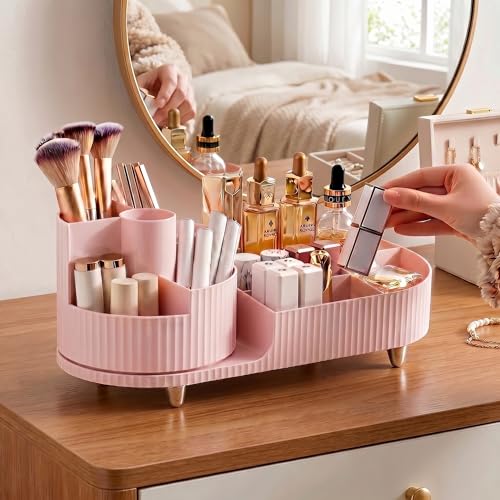 Booklov Rotating Makeup Caddy Organizer for Vanity, Large Capacity Cosmetic Display Case, Countertop Beauty Storage Holder for Skincare, Brush Eyeshadow Lipstick, Counter Desk Organization, Pink - color: Pink, size: L01