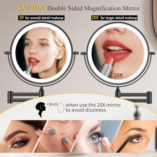 FUNTOUCH 20X/3X Rechargeable Wall Mounted Makeup Vanity Mirror with Lights, Double Sided Magnifying Wall Mount Mirror,3 Color Lighting, Touch Screen Dimming,Extension Arm 360 Rotation Wall Mirrors - color: Metal Black
