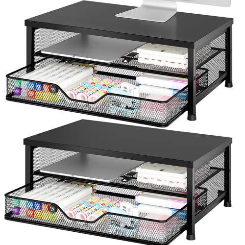 OPNICE Computer Monitor Stand Riser, Desk Organizer with Drawer, Laptop Stand, Office Desk Accessories & Workspace Desktop Organizers Storage for Office Supplies(Black 2-Pack) - color: Black 2-Pack