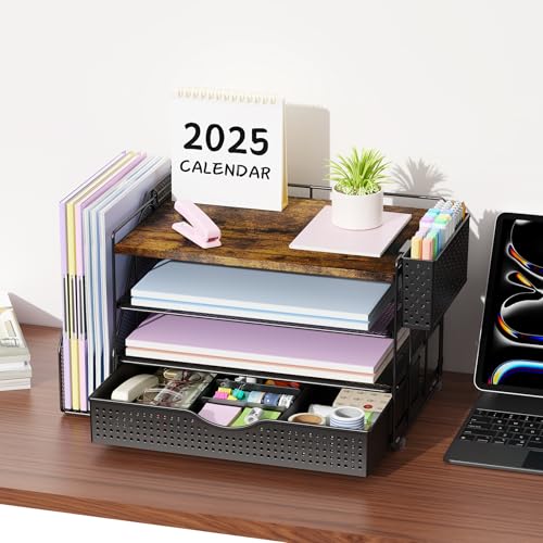 gianotter Wood Desk Organizers and Accessories with File Holder, 4-Tier Desk Accessories & Workspace Organizers with Drawer and Pen Holder, Desk Reference Organizer (Wood) - color: Wood