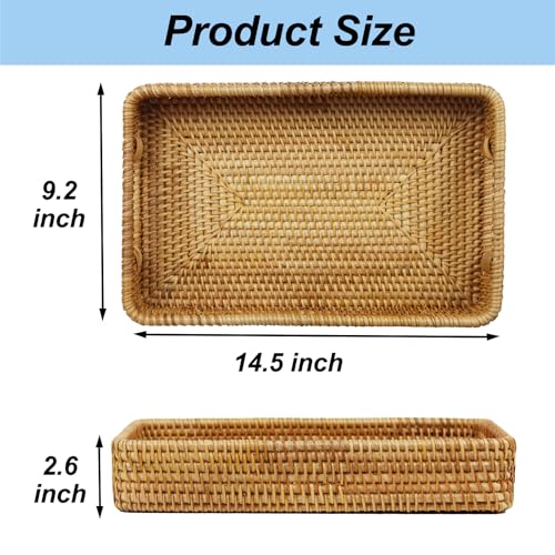 Rattan Serving Tray, Rectangle Coffee Table Tray with Handles, Decorative Ottoman Tea Tray Wicker Basket for Coffee, Bread, Fruits, Snacks, Breakfast, Drinks, Table Decor - size: 14.5" x 9.2" x 2.6"