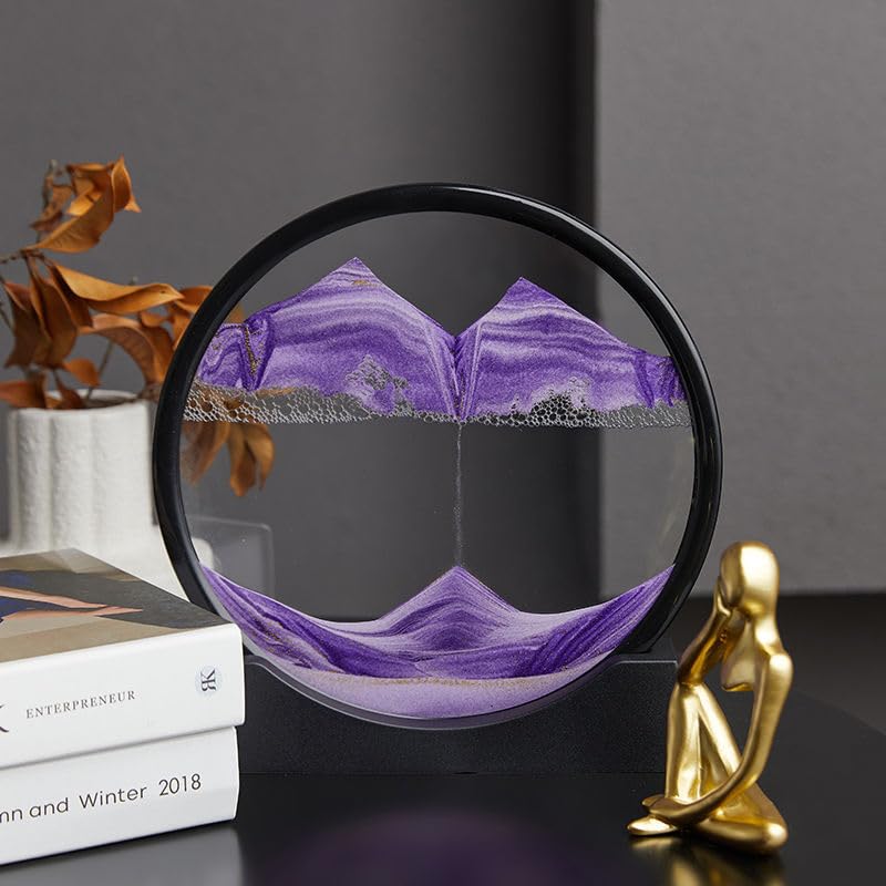 Moving Sand Art Liquid Motion, 3D Deep Sea Sandscape Color Quicksand Decor, Round Glass Moving Sand Art Picture Relaxing Desktop Home Office Work Decor (12 inch-Purple) - color: Purple, size: 12 Inch
