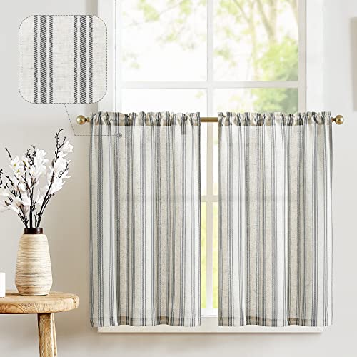 jinchan Linen Striped Kitchen Curtains 24 Inch Farmhouse Small Cafe Curtains Balanced Stripe Half Window Light Filtering for Bathroom Living Room Laundry 2 Panels Black on Linen - color: Striped Chocolate Black on Linen, size: 26"W x 24"L (Pack of 2)