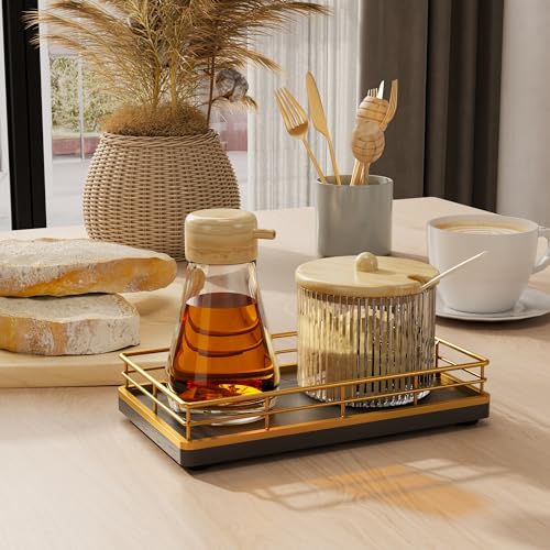Wooden Decorative Tray, Oak 7.5" L Coffee Table for Kitchen Countertop Dresser Perfume Tray Jewelry Candle Nightstand Table Centerpieces for Dining Room Decor Black Gold - color: Gold, size: 7.5" x 3.9" x 1.5"