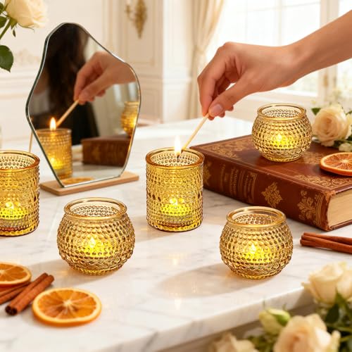 Rubtlamp Amber Votive Candle Holders Set of 24, 12Pack 2.1 * 2.7inch Glass Vintage Candles Holder 12Pack 2.1 * 2.1inch Tea Lights Candle Holders for Table Centerpiece Wedding Decor Home Decoration - color: Amber