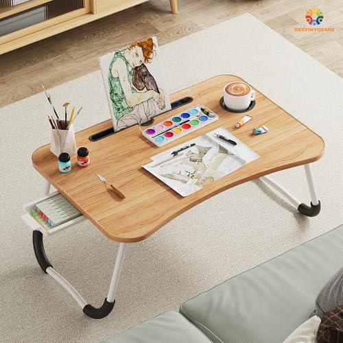 Lap Desk Bed Trays for Eating and Laptops Breakfast in Bed Tray for Sofa/Couch/Study/Reading/Writing with Cup Holder/Drawer On Low Sitting Floor Large Portable Foldable (Walnut Beige) - color: Walnut Beige