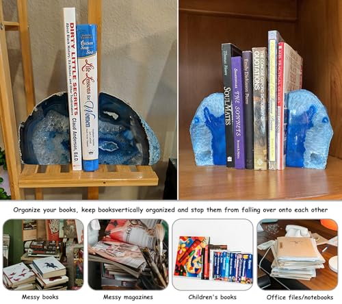 AMOYSTONE Natural Blue Agate Geode Bookends, Decorative Book Ends for Shelves, Stackable Book Stopper for Small Books, Unique Agate Stone Bookends, 2-3 LBS, Perfect for Home Office Decor - color: Blue, size: 2-3 Pounds