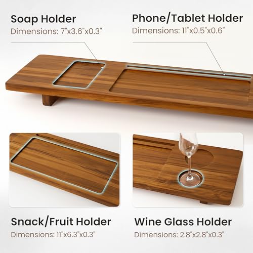 Teak Bathtub Tray - Wood Bath Caddy Tray 29" for Small Tubs - Adjustable Bathtub Table Trays - Luxury Shower Organizer for Home Spa Relaxation and Reading - Light Walnut Color - color: Light Walnut-a, size: 29" x 9" x 2"