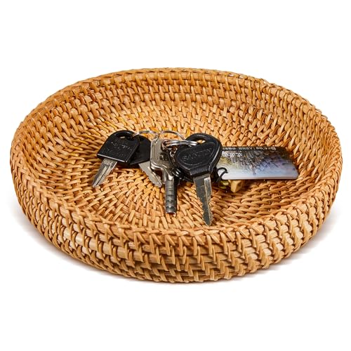 Hushee 1 Pcs Small Round Basket for Entryway Table Woven Wicker Key Bowl Basket Rattan Round Tray Organizing for Key Wallet Cell Phone Fruit Food Holder Decorative Table Storage (Brown) - color: Brown
