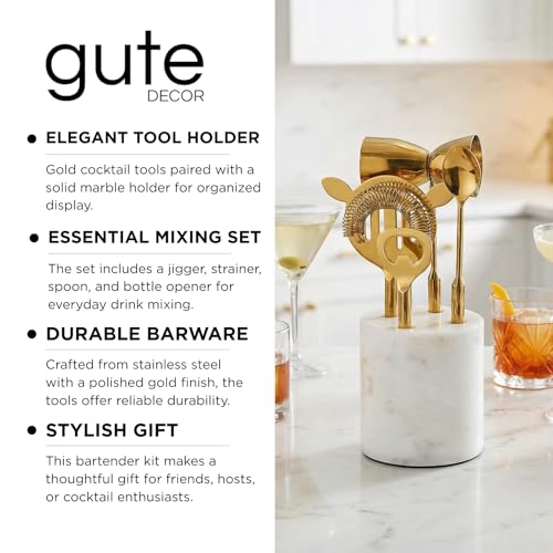 5-Piece Gold & Marble Bartender Kit with Stand, Stainless Steel Bar Tool Set, Includes Jigger, Strainer, Spoon, Bottle Opener Luxury Home Bar Cart Accessories, Luxury Cocktail Decor & Mixer Gift Set - color: Gold