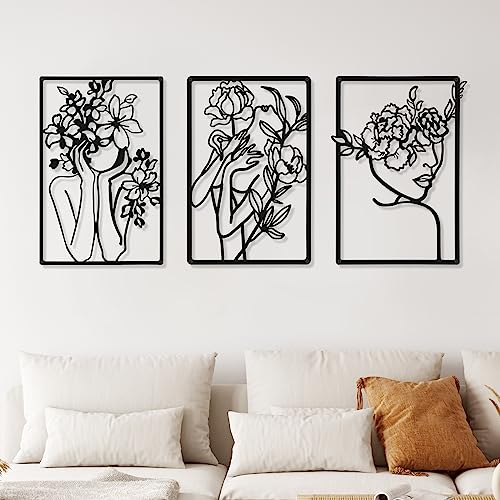 CHENGU 3 Pieces Metal Minimalist Abstract Woman Wall Art Line Drawing Wall Art Decor Single Line Female Home Hanging for Kitchen Bathroom Living Room - style: Classic Style