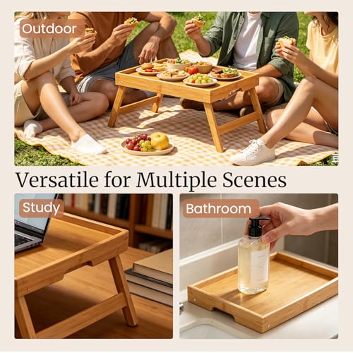 Fibogollo 2 Pack Bamboo Bed Tray Table with Folding Legs,Breakfast Trays,Serving Tray for Food and Snack,Laptop Trays for Working(Natural) - color: Natural, size: 2 PC