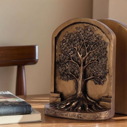 Large Vintage Bronze Finish Tree of Life Bookends Set, 2 Non-Skid Heavy Bookends for Shelves or Bookcase, Decorative Bookends for Desktop Shelf Decor, Library Office Decor, Home Décor Gift - color: Antique Bronze, size: Large