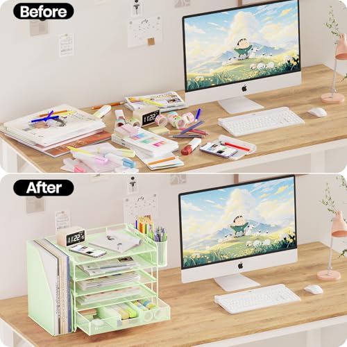 OPNICE Desk Organizer, 5-Tier Paper File Organizer with Drawer & Pen Holder, Office Desk Accessories, Workspace Desktop Organizer for Office Supplies(Green) - color: Green, size: 5-Tier
