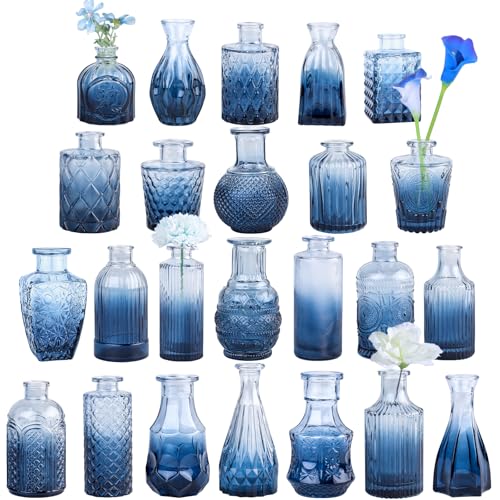 TBWIND 24Pcs Blue Glass Bud Vases Set, Small Vases for Flowers, Perfect for Centerpieces at Parties, Baby Showers, Weddings, Events, Graduation Season, Great Gifts for Office & Home Décor - color: 24pcs-blue