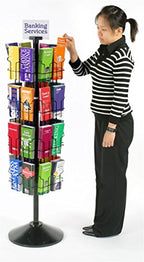 Displays2go Black Wire Rotating Display Rack with 32 Pockets for 4 x 9 Brochures, 57" Free-Standing Rack with Attached Sign Clip (WSFB432)