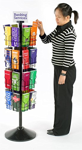 Displays2go Black Wire Rotating Display Rack with 32 Pockets for 4 x 9 Brochures, 57" Free-Standing Rack with Attached Sign Clip (WSFB432)