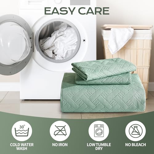 JYHOPE Sage Green Twin Quilt Set 68x90 Lightweight Microfabric Bedspread, 3-Piece Quilt Bedding with Pillow Shams, Summer Cooling Quilts, Ribbon Wrapped Gift - color: Weave Pattern-sage Green, size: Twin(68x90)