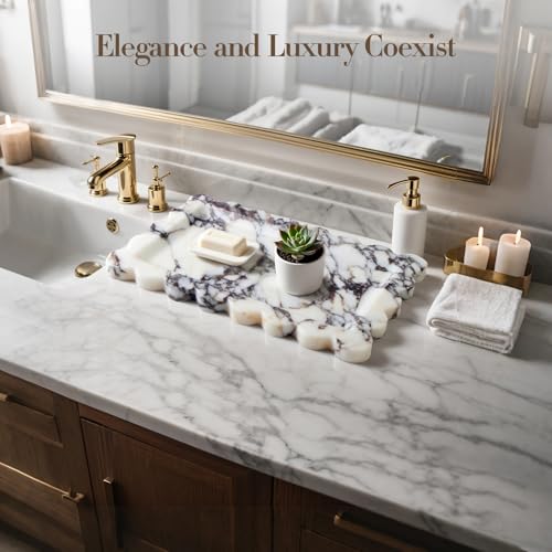 SAMAH Calacatta Viola Natural Marble Tray, Scalloped Bathroom Tray, Decorative Tray for Vanity, Dresser, Kitchen & Home Decor, Birthday Gifts for Women Mom, House Warming Gifts New Home(Rectangle) - size: 11" x 7.2" x 0.7"