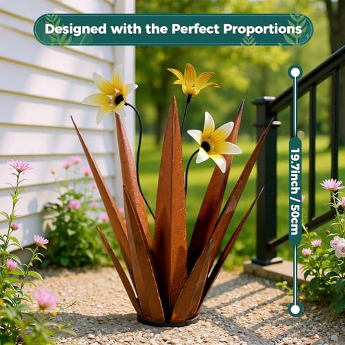 2 Pack Metal Agave Plant Sculptures, Outdoor Agave Plants, Tequila Rustic Sculpture, 16” Hand Painted Garden Decoration Yard Art Plant - color: Rust 2pcs W/ Flower