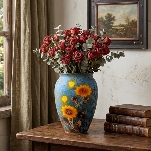 12 Inch Ceramic Flower Vase with Drainage Hole, Decorative Vase for Indoor & Outdoor Use, Available in Blue & Rust Color, Includes Rubber Stopper & Mesh Pad - color: Blue-sunflower