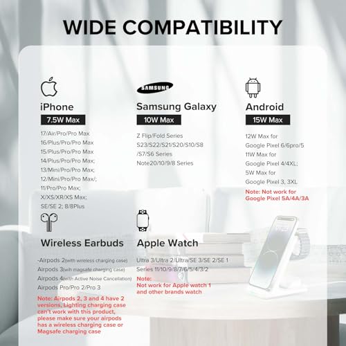 Wireless Charging Station, 3 in 1 Fast Wireless Charger Stand for Multiple Devices Apple Watch Ultra Series 11 10 9 8 7 6 SE 5 4 3 2, iPhone 17 16 15 14 13 12 11 Pro Max/Plus/Air/X/XS/XR/SE, Airpods - color: White