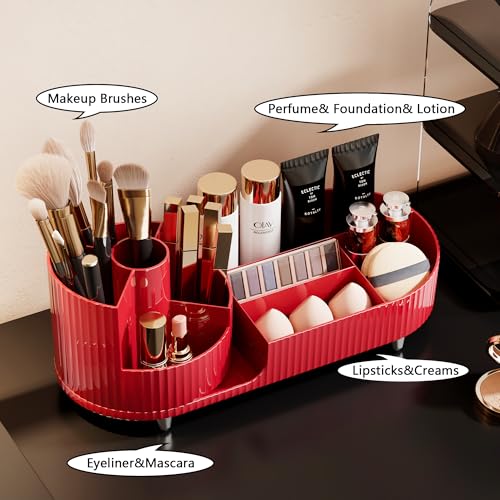 Rotating Makeup Organizer for Vanity with Brush Holder, Cosmetic Makeup Storage Organizer, Large Spinning Makeup Skincare Organizer, Countertop Makeup Perfume Organizer, Lotions Display Case Red - color: Red