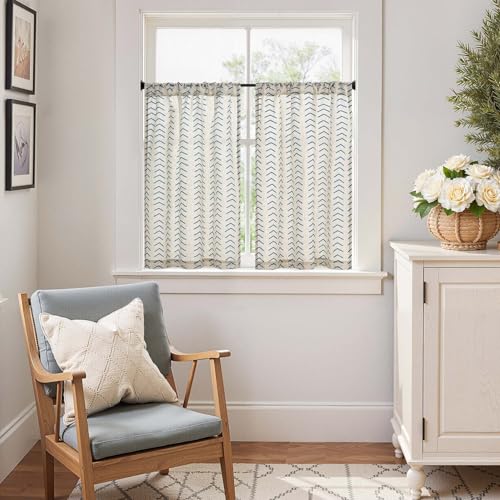 jinchan Boho Linen Blend Kitchen Curtains 36 Inch Length Herringbone Printed Tier Curtains for Small Windows Bathroom Cafe Laundry Room Set of 2 Rod Pocket Blue on Linen - color: Arrow | Blue on Linen, size: 26"W x 36"L (Pack of 2)