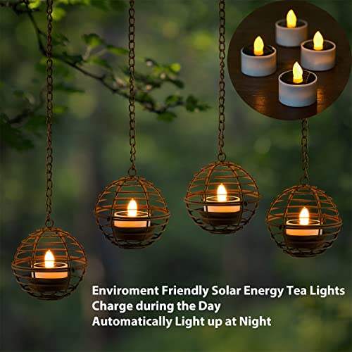Solar Hanging Lanterns Outdoor Waterproof, Rust Iron Ball Candle Holder with Flickering Solar Powered Tea Lights, Perfect Chargeable Solar Lights for Backyard Patio Garden Fence Tree Decoration-4Pack - style: 4PK Hanging Lights