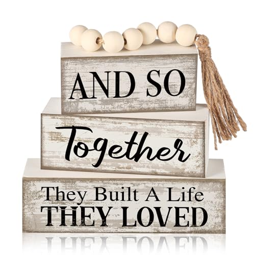 4 Pcs Farmhouse Home Decoration Wooden Tabletop and So Together They Built a Life They Loved Decor Motivational Tiered Tray Decor Rustic Block Sign Retro Bead Garland Table Centerpiece for Shelf Desk - style: and So Together