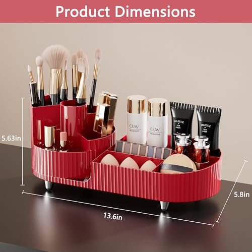 Rotating Makeup Organizer for Vanity with Brush Holder, Cosmetic Makeup Storage Organizer, Large Spinning Makeup Skincare Organizer, Countertop Makeup Perfume Organizer, Lotions Display Case Red - color: Red
