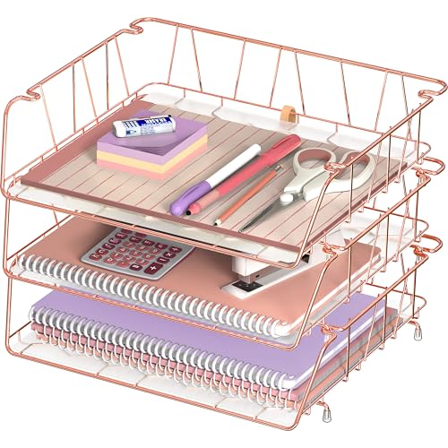 Simple Houseware Stackable Wide Entry Desk File Document Letter Tray with Liner, Wire Grid, 3 Packs, Rose Gold - color: Rose Gold, size: Wide Entry